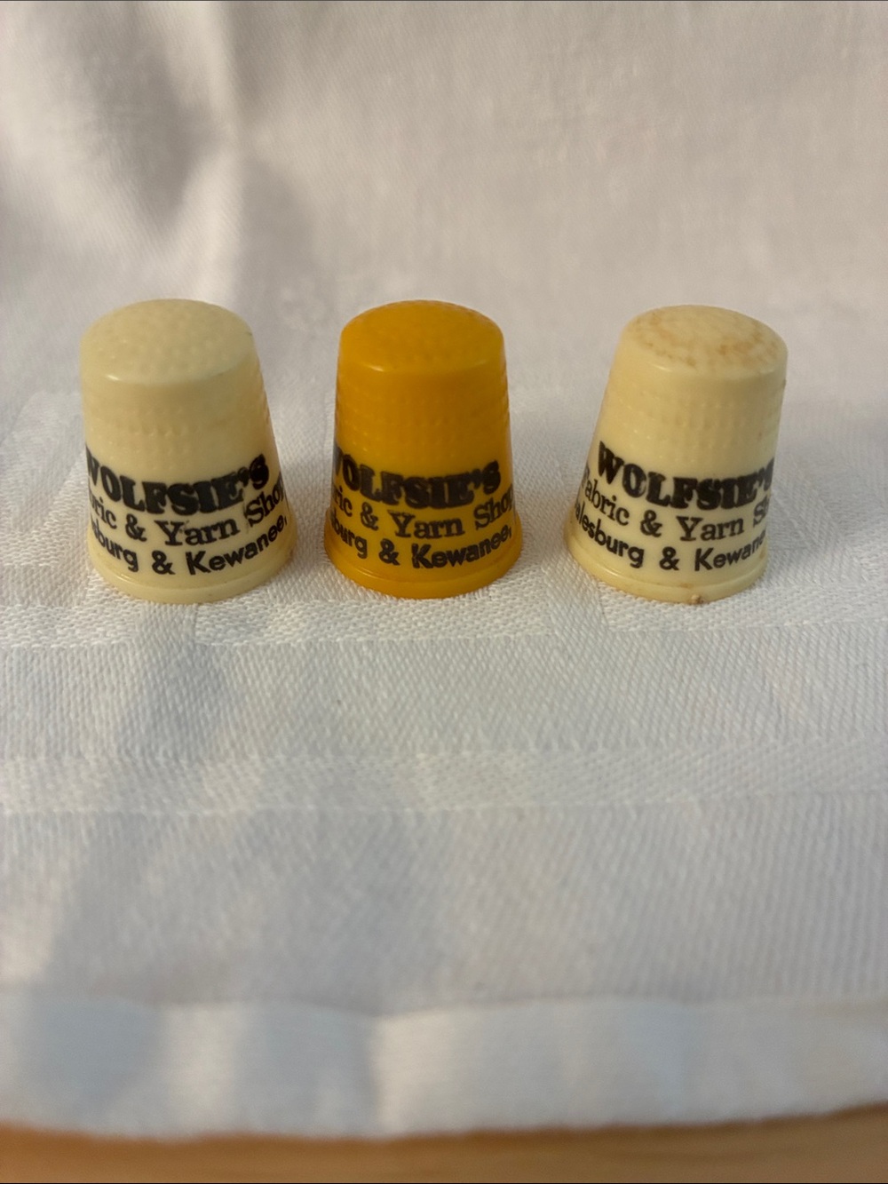 Vintage Plastic Advertising Sewing Thimbles Wolfsie’s Fabric & Yarn Shop IL